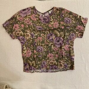 Vintage Floral Short Sleeve Women's Top - Olive and Lavender